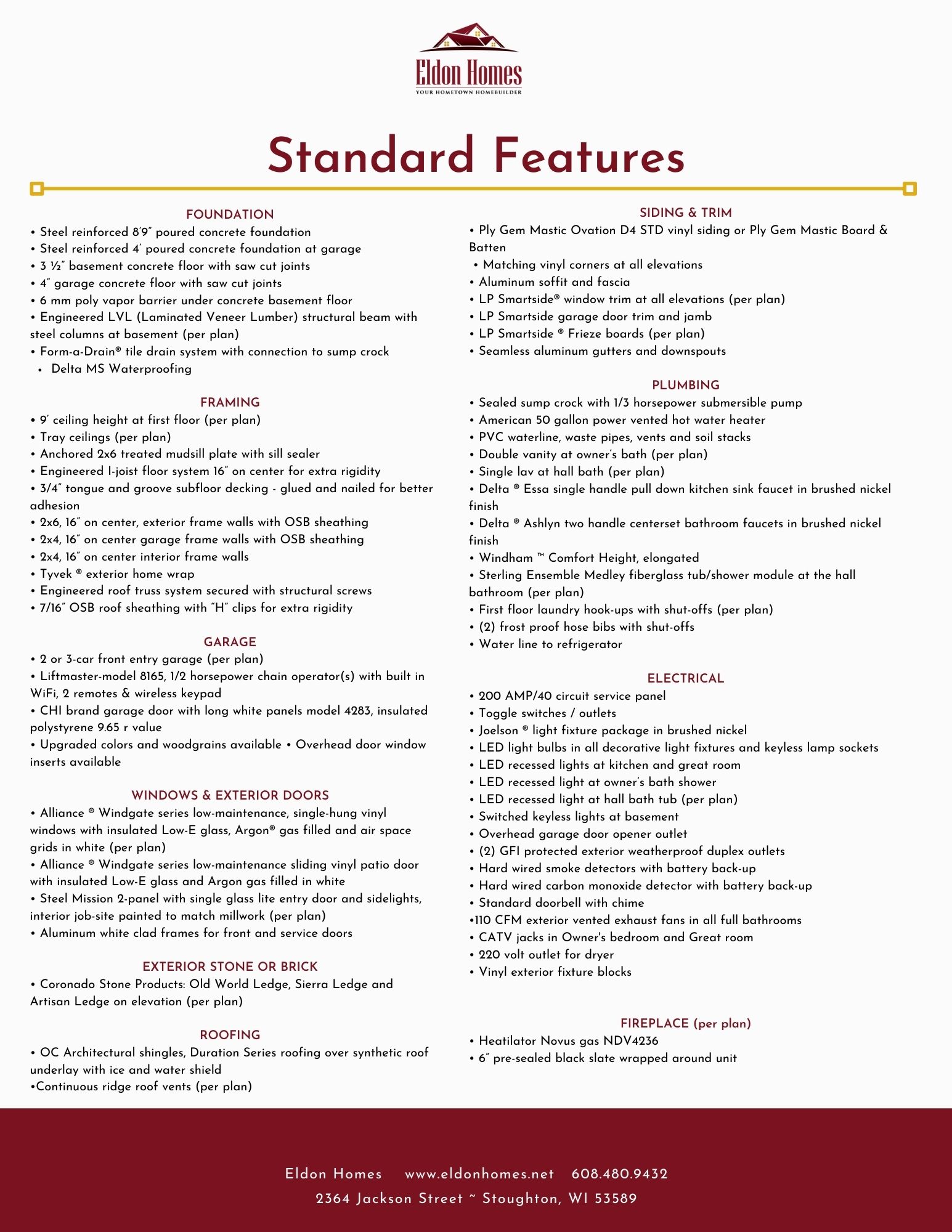 Eldon Homes Standard Features List Page 1