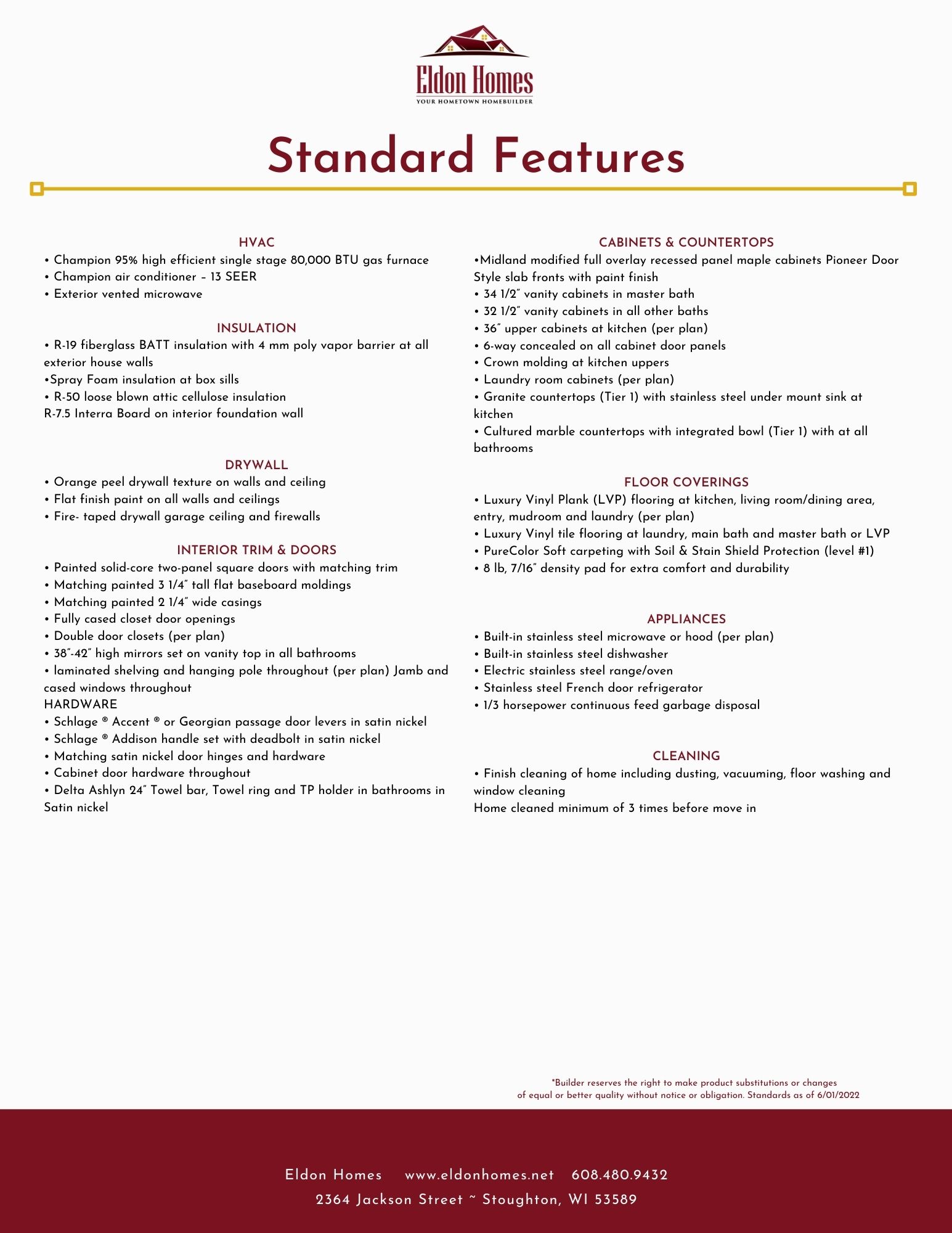 Eldon Homes Standard Features List Page 2